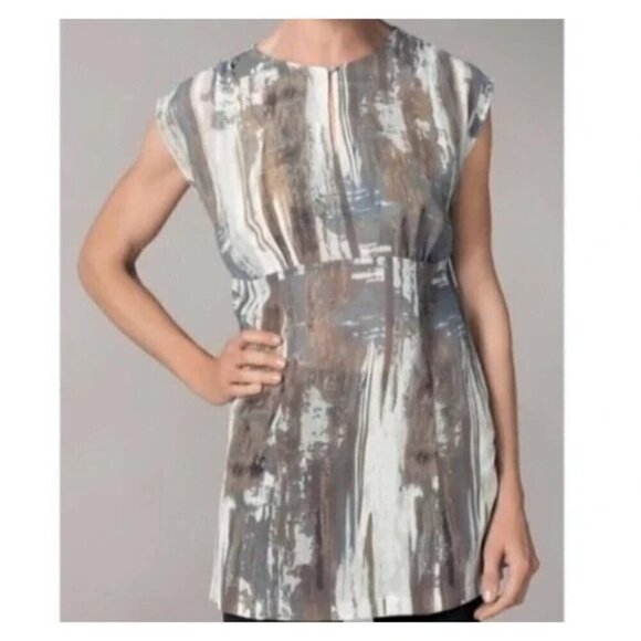 Cabi Womens Size L Tunic Top Sleeveless Sheer Earthy Colors in an Abstract Print - Picture 9 of 13